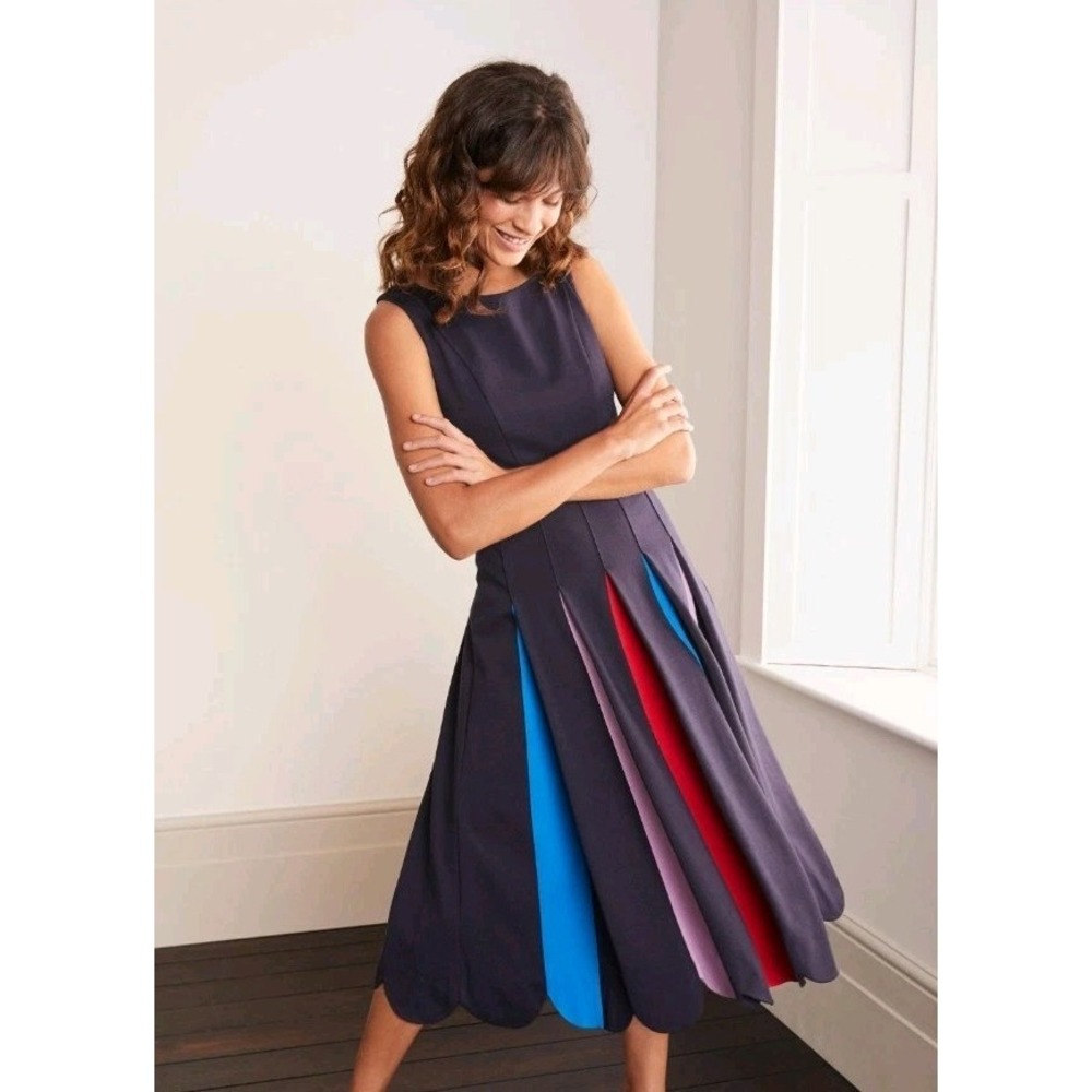 Boden Allegra Dress Ponte Scalloped Hem MultiColor Pleats Midi Blue Women Size 6 - Picture 2 of 14